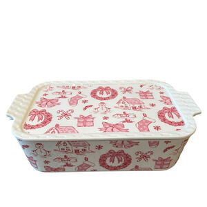 Grace Teaware Christmas Rectangular Baker & Lid Casserole Holiday Red & White